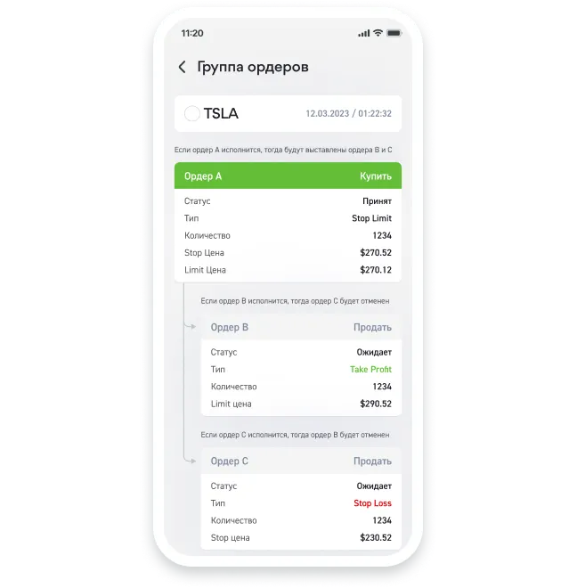 Автоматизация сделок: связанные ордера Stop, Take-Profit и Stop-Loss в приложении Investlink