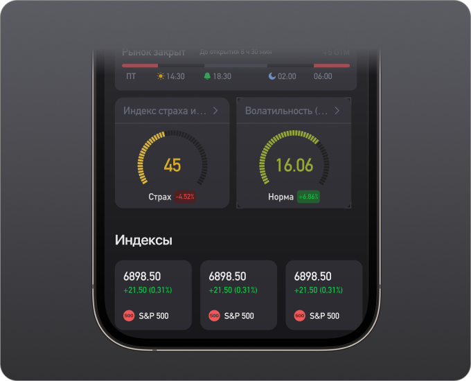 Индекс страха и жадности на экране приложения Investlink Fear and Greed index on the Investlink app screen